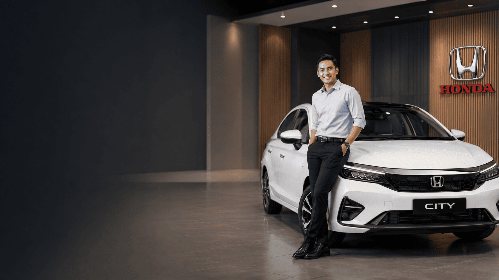Advisor Honda bertauliah berdiri di sebelah Honda City